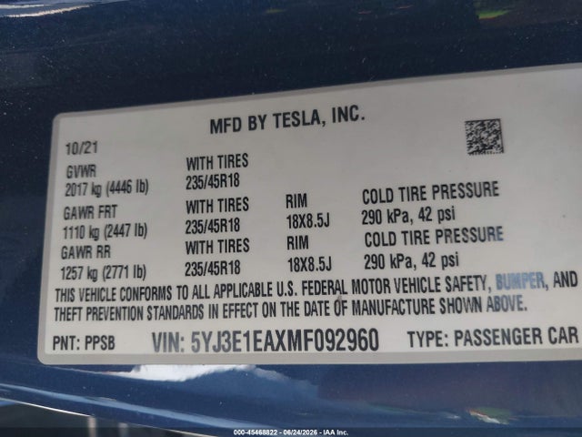 Tesla Model 3 Standard Range Plus Rear-wheel Drive 2021 5YJ3E1EAXMF092960 Image 9