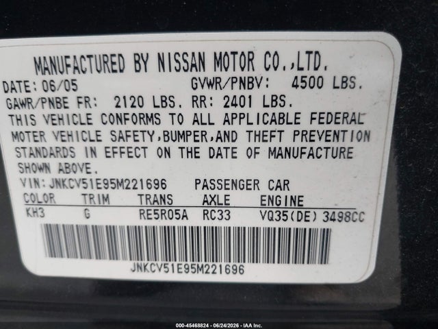 Aukcja sprzedaży 2005 Infiniti G35, vin: JNKCV51E95M221696, numer aukcji: 45468824