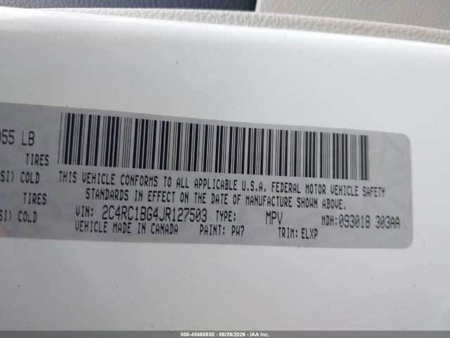 45468850 :رقم المزاد ، 2C4RC1BG4JR127503 vin ، 2018 Chrysler Pacifica Touring L مزاد بيع