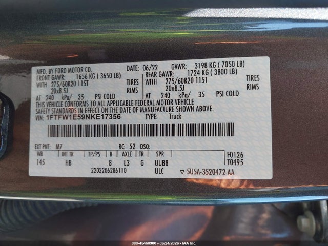 Ford F-150 Lariat 2022 1FTFW1E59NKE17356 Image 9