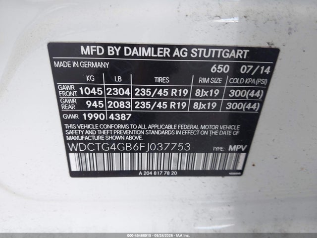Aukcja sprzedaży 2015 Mercedes-benz Gla 250 4matic, vin: WDCTG4GB6FJ037753, numer aukcji: 45468915