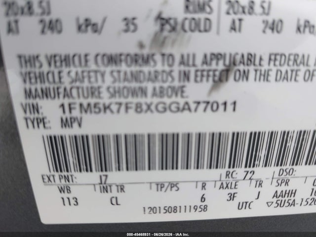 Ford Explorer Limited 2016 1FM5K7F8XGGA77011 Image 9