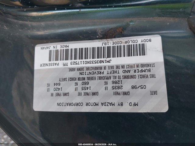 45468934 :رقم المزاد ، JM1NB3533X0117523 vin ، 1999 Mazda Mx-5 Miata Leather Pkg/popular Equipment Pkg/sports Pkg/touring Pkg مزاد بيع