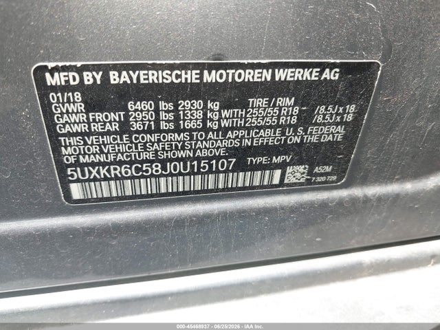 45468937 :رقم المزاد ، 5UXKR6C58J0U15107 vin ، 2018 Bmw X5 Xdrive50i مزاد بيع
