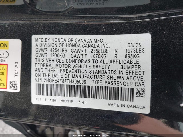 2HGFE4F87TH305996 Honda Civic Hybrid Sport/sport Touring
