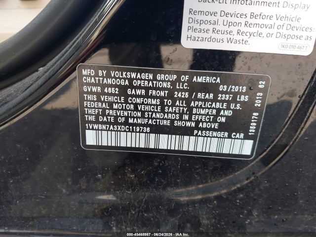 2013 Volkswagen Passat 2.0l Tdi Se მანქანა იყიდება აუქციონზე, vin: 1VWBN7A3XDC119736, აუქციონის ნომერი: 45468987