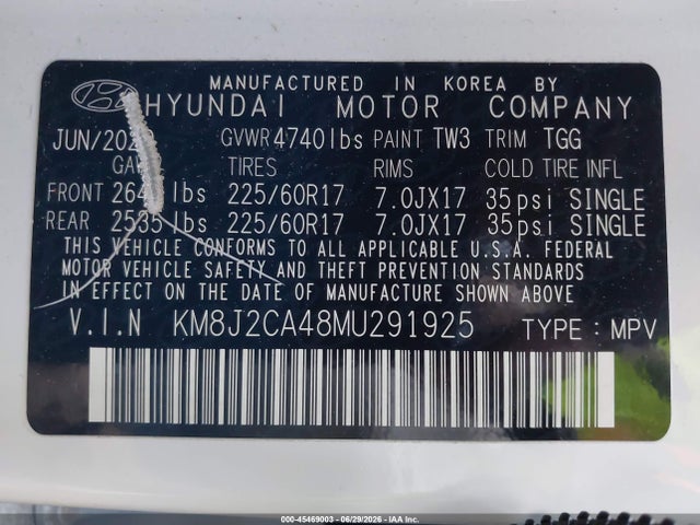 Aukcja sprzedaży 2021 Hyundai Tucson Se, vin: KM8J2CA48MU291925, numer aukcji: 45469003