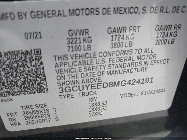 2021 Chevrolet Silverado 1500 4wd  Short Bed Rst მანქანა იყიდება აუქციონზე, vin: 3GCUYEED8MG424191, აუქციონის ნომერი: 45469006