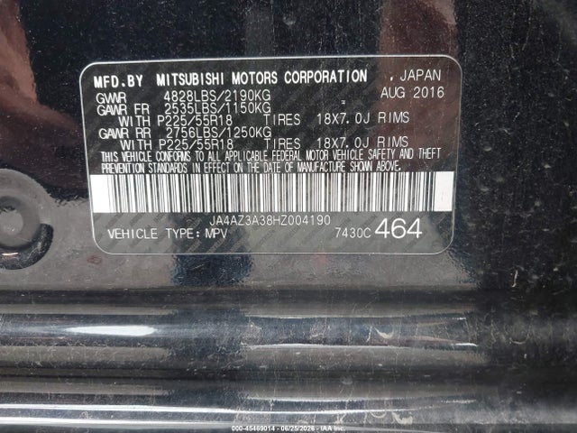 45469014 :رقم المزاد ، JA4AZ3A38HZ004190 vin ، 2017 Mitsubishi Outlander Se/sel مزاد بيع