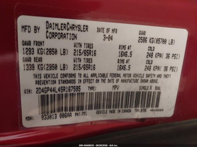 Продаж на аукціоні авто 2005 Dodge Caravan Sxt, vin: 2D4GP44L45R167595, номер лоту: 45469035