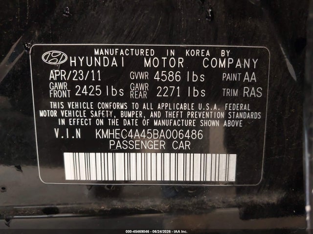 2011 Hyundai Sonata Hybrid მანქანა იყიდება აუქციონზე, vin: KMHEC4A45BA006486, აუქციონის ნომერი: 45469046