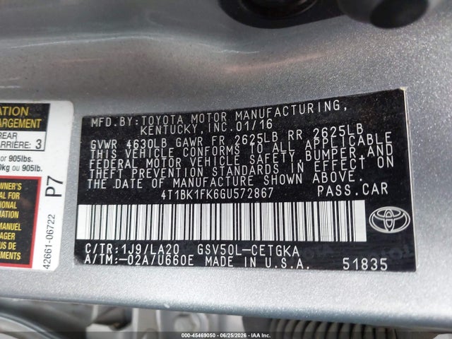 4T1BK1FK6GU572867 Toyota Camry Xle V6