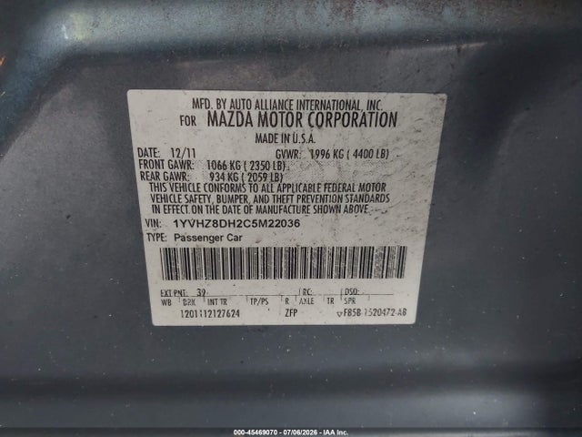 Aukcja sprzedaży 2012 Mazda Mazda6 I Touring, vin: 1YVHZ8DH2C5M22036, numer aukcji: 45469070