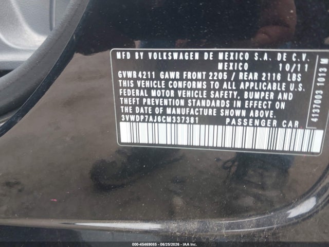 45469085 :رقم المزاد ، 3VWDP7AJ6CM337381 vin ، 2012 Volkswagen Jetta 2.5l Se مزاد بيع