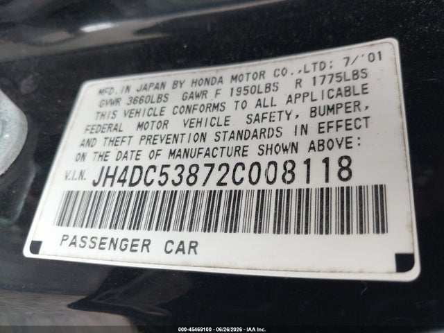 45469100 :رقم المزاد ، JH4DC53872C008118 vin ، 2002 Acura Rsx مزاد بيع
