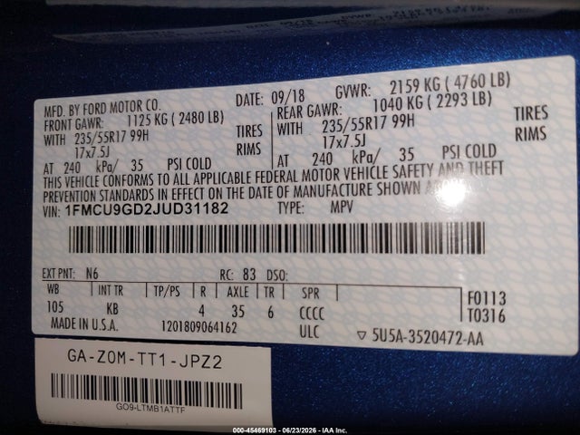 1FMCU9GD2JUD31182 Ford ESCAPE SE