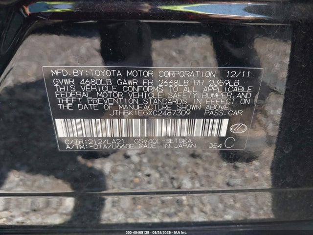 45469139 :رقم المزاد ، JTHBK1EGXC2487309 vin ، 2012 Lexus Es 350 مزاد بيع