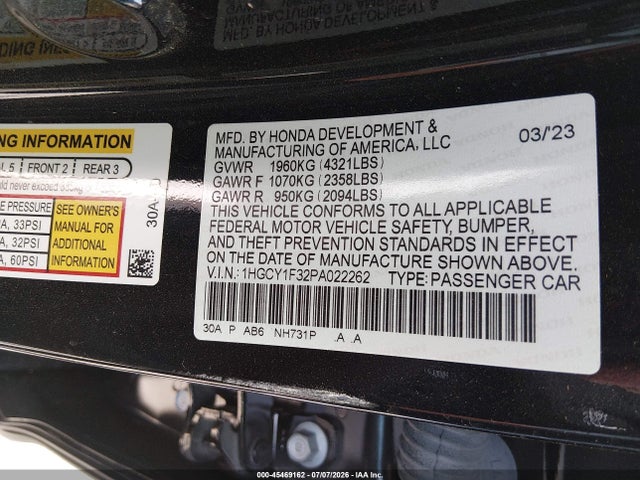 Продаж на аукціоні авто 2023 Honda Accord Ex, vin: 1HGCY1F32PA022262, номер лоту: 45469162
