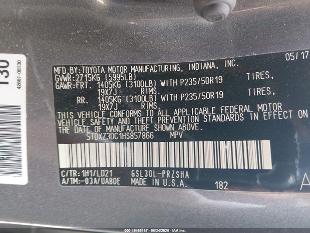 45469167 :رقم المزاد ، 5TDXZ3DC1HS857866 vin ، 2017 Toyota Sienna Se Premium 8 Passenger مزاد بيع