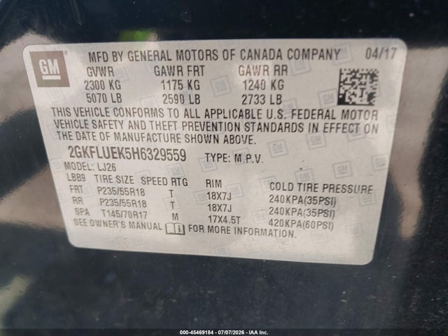 Aukcja sprzedaży 2017 Gmc Terrain Slt, vin: 2GKFLUEK5H6329559, numer aukcji: 45469184
