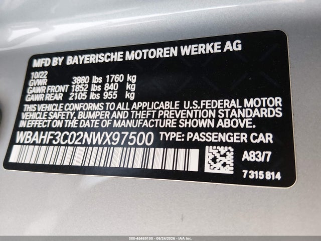 45469190 :رقم المزاد ، WBAHF3C02NWX97500 vin ، 2022 Bmw Z4 Sdrive30i مزاد بيع