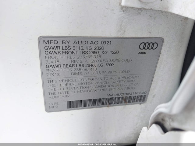 Продажа на аукционе авто 2021 Audi Q3 Premium 40 Tfsi Quattro Tiptronic, vin: WA1AUCF34M1107980, номер лота: 45469204