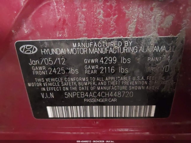Aukcja sprzedaży 2012 Hyundai Sonata Gls, vin: 5NPEB4AC4CH448720, numer aukcji: 45469212