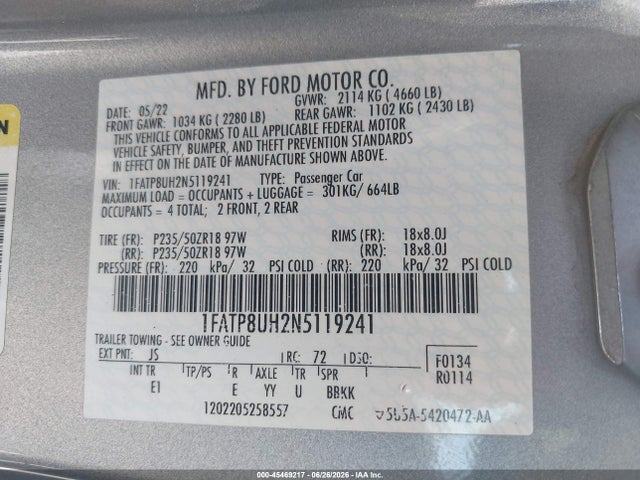 Продажа на аукционе авто 2022 Ford Mustang Ecoboost Premium, vin: 1FATP8UH2N5119241, номер лота: 45469217