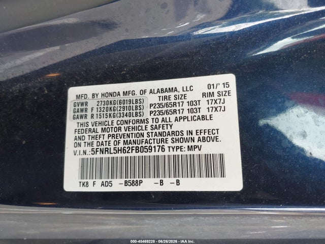 Honda Odyssey Ex-l 2015 5FNRL5H62FB059176 Image 9