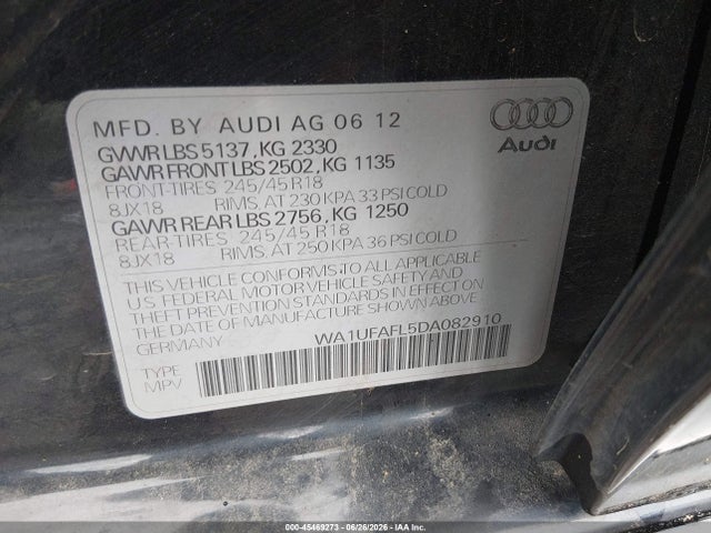 Продажа на аукционе авто 2013 Audi Allroad 2.0t Premium Plus, vin: WA1UFAFL5DA082910, номер лота: 45469273