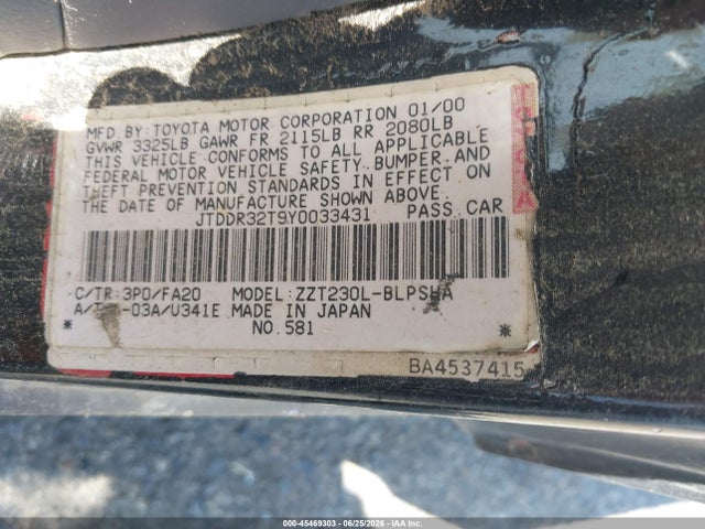 2000 Toyota Celica Gt მანქანა იყიდება აუქციონზე, vin: JTDDR32T9Y0033431, აუქციონის ნომერი: 45469303