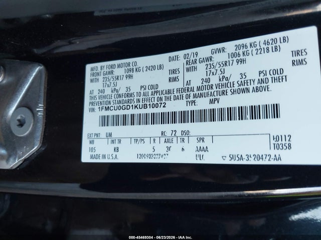 1FMCU0GD1KUB10072 Ford ESCAPE SE