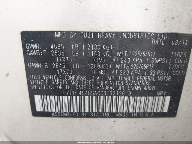 45469318 :رقم المزاد ، 4S4BSACC3F3212019 vin ، 2015 Subaru Outback 2.5i Premium مزاد بيع