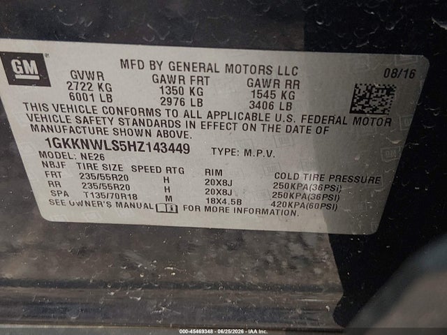 45469348 :رقم المزاد ، 1GKKNWLS5HZ143449 vin ، 2017 Gmc Acadia Slt-2 مزاد بيع