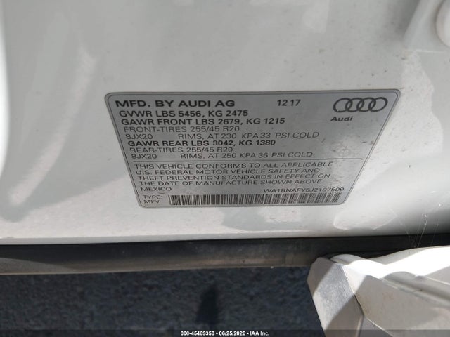 Aukcja sprzedaży 2018 Audi Q5 2.0t Premium/2.0t Tech Premium, vin: WA1BNAFY5J2107509, numer aukcji: 45469350