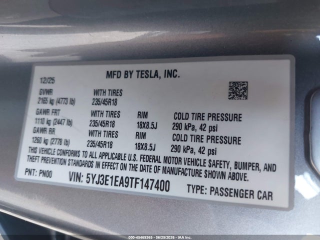 Продаж на аукціоні авто 2026 Tesla Model 3 Premium Rear-wheel Drive/rear-wheel Drive, vin: 5YJ3E1EA9TF147400, номер лоту: 45469365