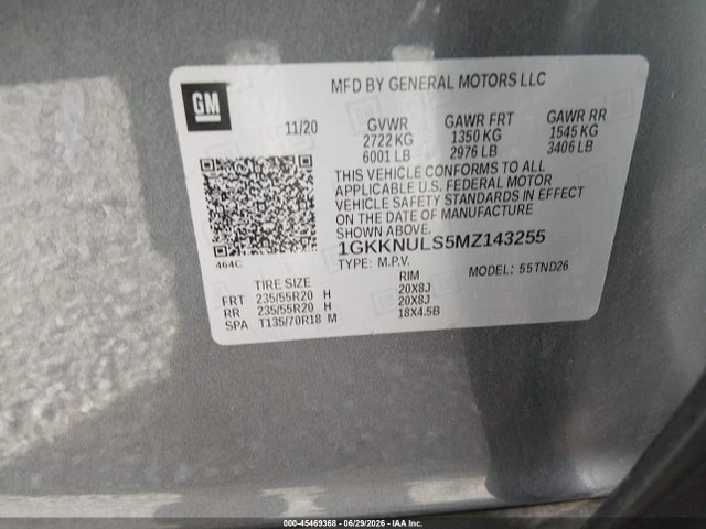 45469368 :رقم المزاد ، 1GKKNULS5MZ143255 vin ، 2021 Gmc Acadia Awd Slt مزاد بيع