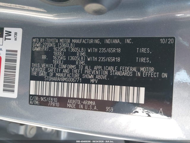 2021 Toyota Highlander Hybrid Xle მანქანა იყიდება აუქციონზე, vin: 5TDHARAH8MS006771, აუქციონის ნომერი: 45469386