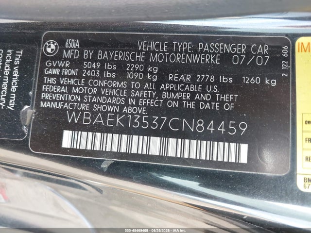 Продаж на аукціоні авто 2007 Bmw 650i, vin: WBAEK13537CN84459, номер лоту: 45469409