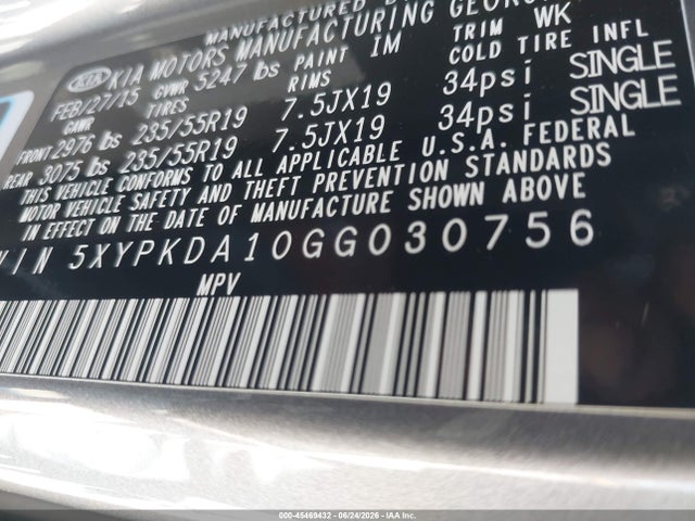 5XYPKDA10GG030756 KIA Sorento 2.0t Sxl