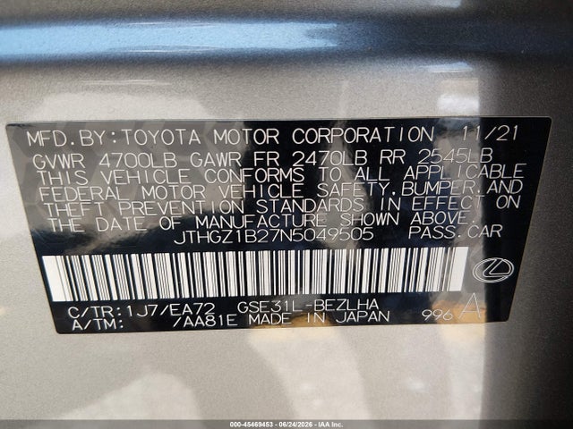 45469453 :رقم المزاد ، JTHGZ1B27N5049505 vin ، 2022 Lexus Is 350 F Sport مزاد بيع