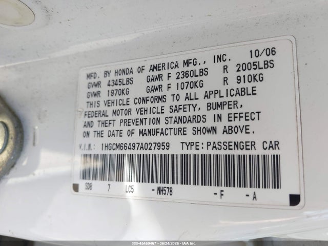 Продажа на аукционе авто 2007 Honda Accord 3.0 Se, vin: 1HGCM66497A027959, номер лота: 45469467