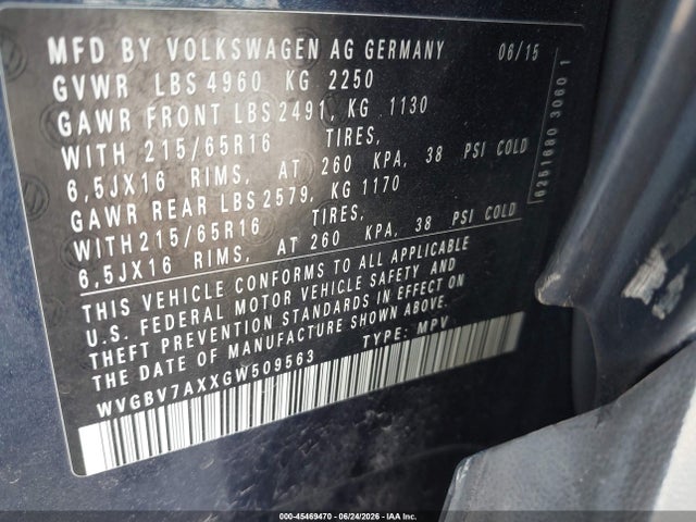 45469470 :رقم المزاد ، WVGBV7AXXGW509563 vin ، 2016 Volkswagen Tiguan S مزاد بيع
