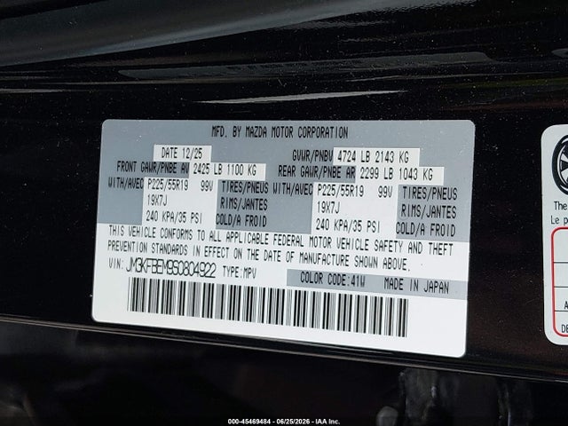 45469484 :رقم المزاد ، JM3KFBEM9S0804922 vin ، 2025 Mazda Cx-5 2.5 S Premium Plus مزاد بيع