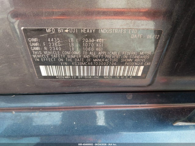 45469502 :رقم المزاد ، 4S3BMCA67D3002706 vin ، 2013 Subaru Legacy 2.5i مزاد بيع