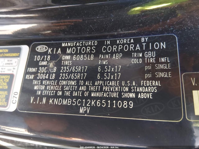 Продажа на аукционе авто 2019 Kia Sedona Lx, vin: KNDMB5C12K6511089, номер лота: 45469526
