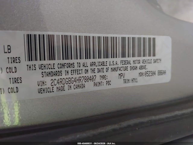 45469531 :رقم المزاد ، 2C4RDGBG4HR780407 vin ، 2017 Dodge Grand Caravan Se مزاد بيع
