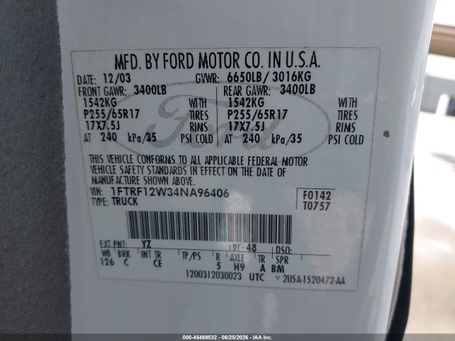 Продажа на аукционе авто 2004 Ford F-150 Stx/xl/xlt, vin: 1FTRF12W34NA96406, номер лота: 45469532