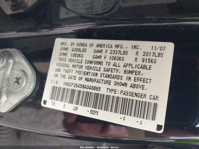 Aukcja sprzedaży 2008 Honda Accord 2.4 Lx-p, vin: 1HGCP26458A046865, numer aukcji: 45469551