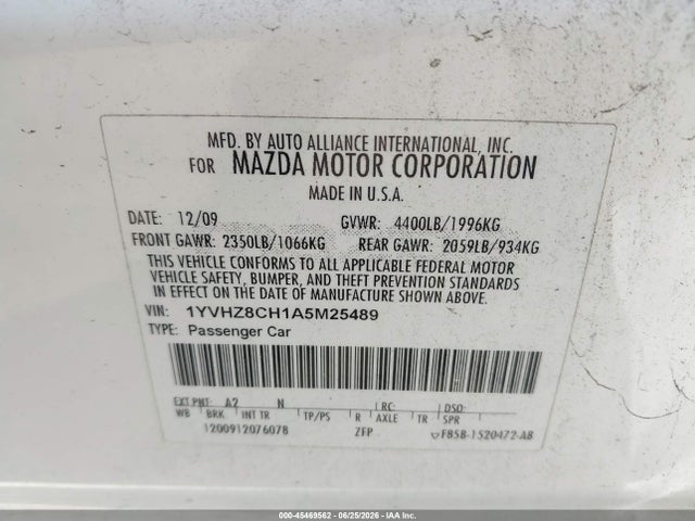 2010 Mazda Mazda6 I Grand Touring მანქანა იყიდება აუქციონზე, vin: 1YVHZ8CH1A5M25489, აუქციონის ნომერი: 45469562